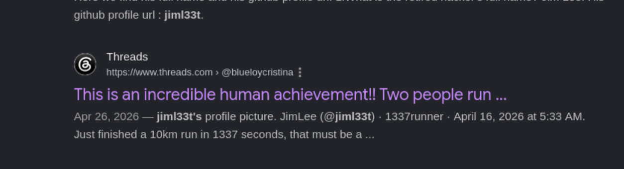 Google search results for JimL33t showing Threads link reposted by blueloycristina